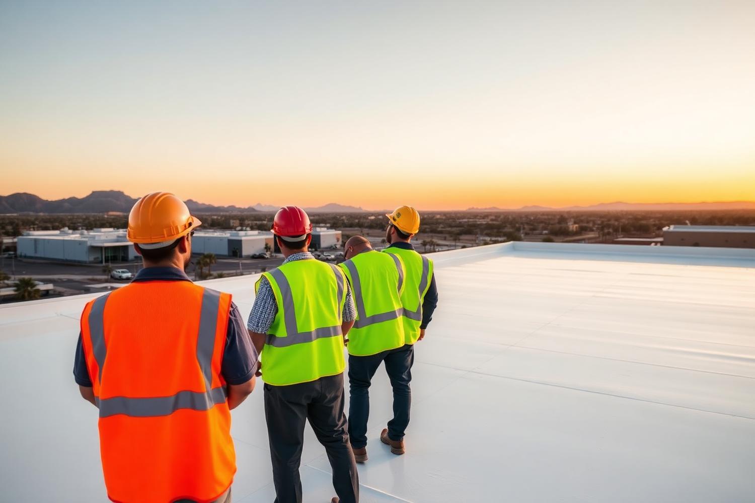 Imperplak Solutions team inspecting a finished reflective silicone roof coating in Phoenix Arizona